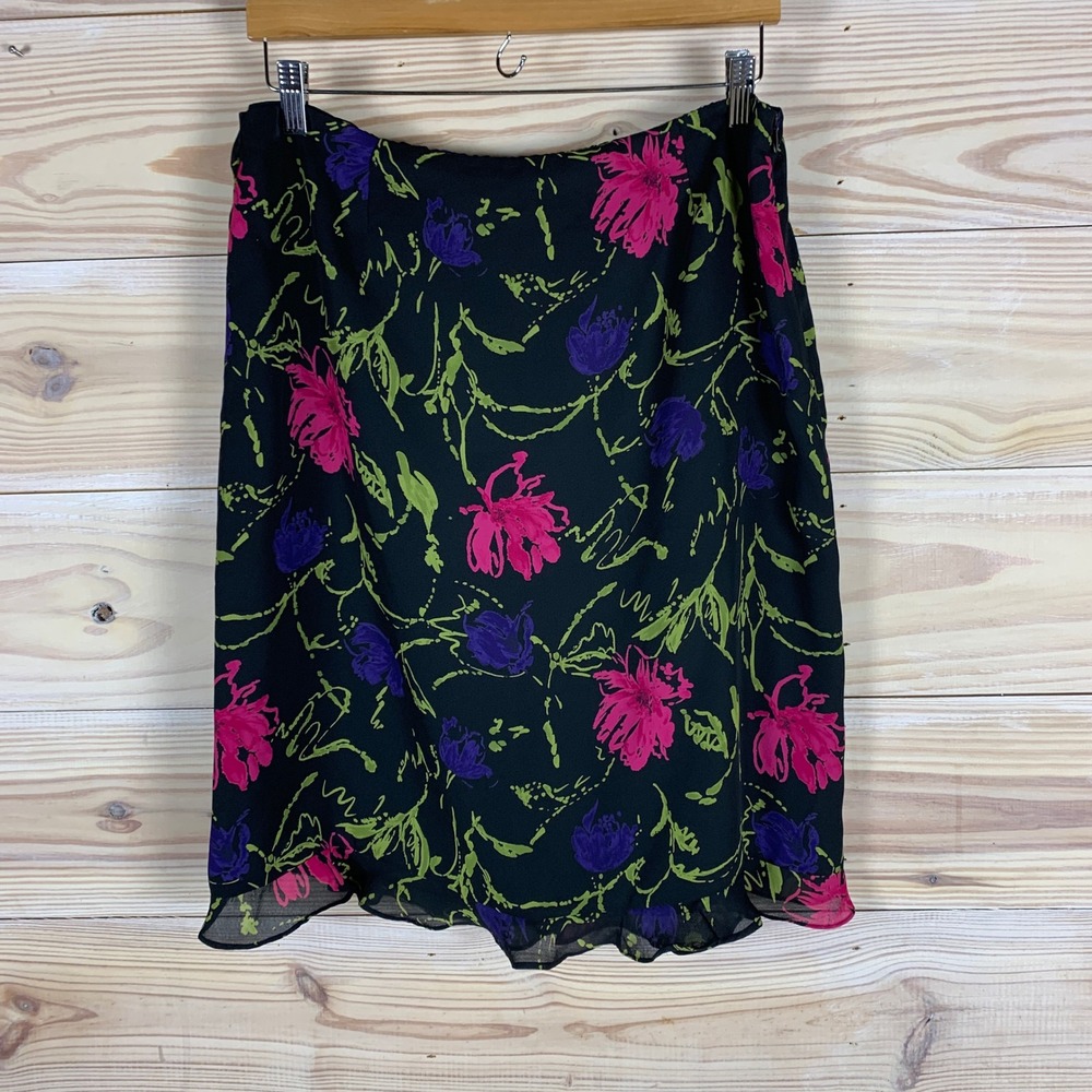 Studio C Skirt Womens 14 Black Pink Floral Midi Side Zip Ruffle‎ Hem Chiffon